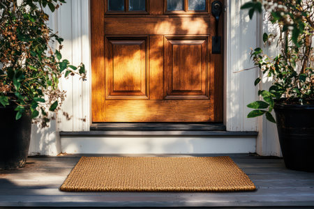 Simple brown doormat placed outside a beautiful home's front door, symbolizing hospitality, cleanliness, and home life.の素材