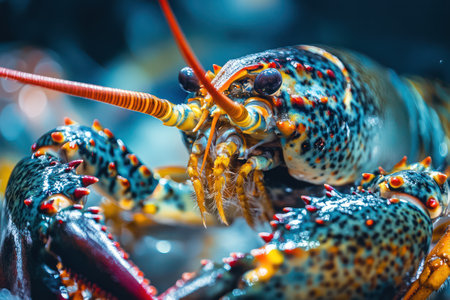 A vivid lobster is highlighted in a clean seafood facility, showing its textures, patterns, and vibrant coloration.の素材