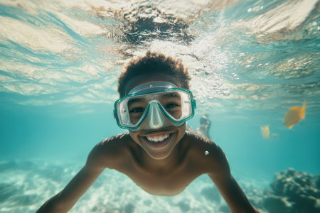 A happy child enjoys underwater fun while wearing goggles in a sunny, tropical ocean during vacation.の素材