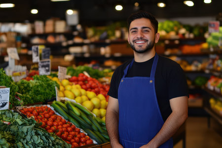 A cheerful man in a blue apron stands confidently in front of a colorful produce display at a grocery store.の素材