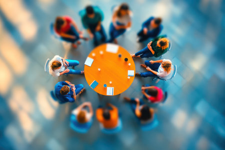 Defocused top view of team sitting in circle during workplace discussion, ideal for abstract concepts of collaboration and teamwork.の素材