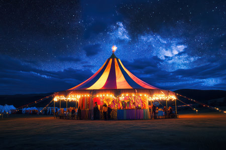 Colorful circus tent illuminated at night beneath a clear starry sky, creating an enchanting and festive atmosphere perfect for celebrations.の素材