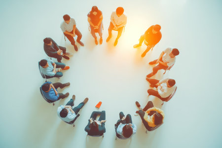 Defocused top view of team sitting in circle during workplace discussion, ideal for abstract concepts of collaboration and teamwork.の素材