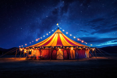 Colorful circus tent illuminated at night beneath a clear starry sky, creating an enchanting and festive atmosphere perfect for celebrations.の素材