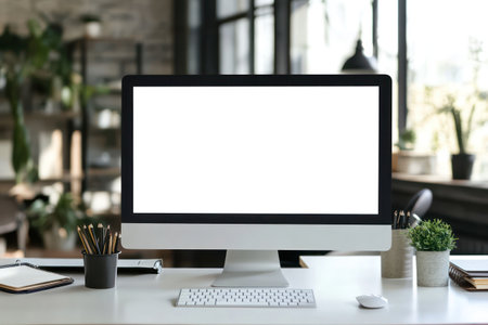 computers with white mockup screen in a classroom setting.の素材