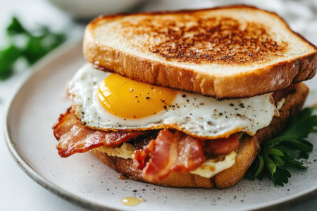 Fresh breakfast sandwich with crispy bacon and egg sits in a clean white kitchen, yolk running for visual flavor appeal.の素材