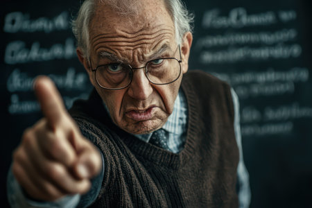 Elderly male teacher angrily points at someone, showing strict authority, discipline, and intense educational confrontation.の素材