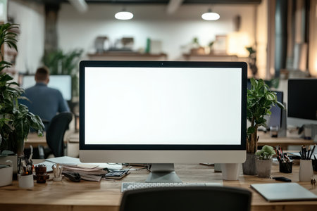 computers with white mockup screen in a classroom setting.の素材