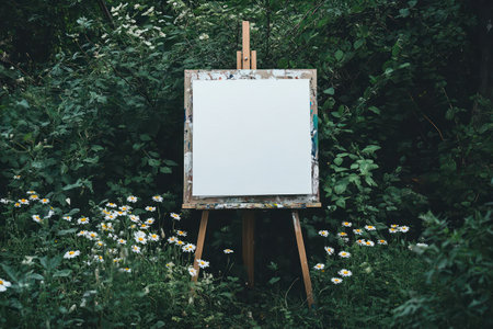 Empty white canvas placed on wooden easel in a meadow with flowers and greenery, inviting creativity and artistic inspiration.の素材