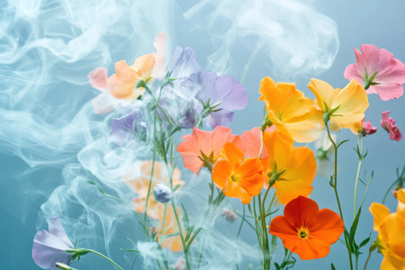 Close-up of vivid flowers against a white-blue background, with soft smoke adding a magical and artistic atmosphere.の素材