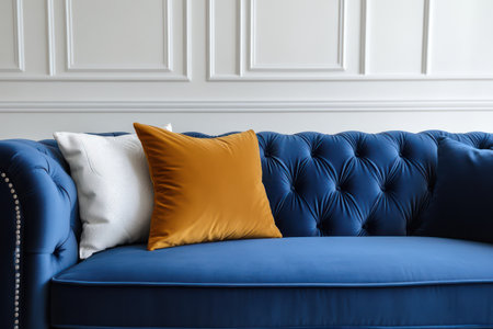 Chic contemporary interior with a dark velvet tufted sofa, cozy pillows, and neutral-toned design elements for stylish home decor.の素材