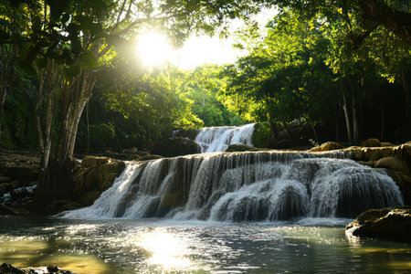 Sunlight pours through dense green trees highlighting a gentle waterfall, capturing the essence of tranquility in nature.の素材