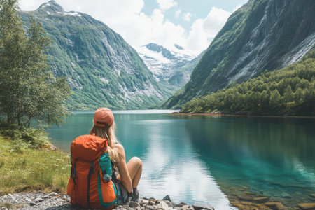 Young woman traveler sitting peacefully by fjord, surrounded by calm water, forest, and mountains, enjoying solitude and beauty.の素材