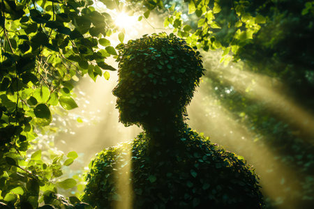 Nature-themed figure made of green leaves stands in forest bathed in sunlight, symbolizing harmony, ecology, and sustainability.の素材