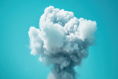 Thick billowing smoke fills the sky in a dramatic explosion against a bright blue background, suggesting emergency or impact.の素材