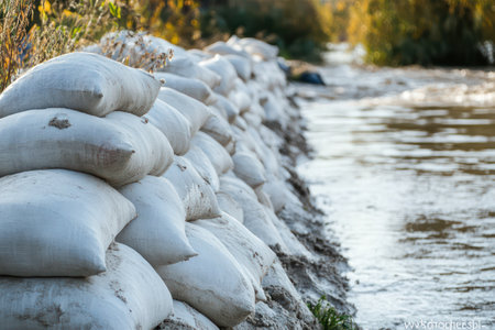 Detailed view of sandbag barrier by river to prevent flooding, symbolizing resilience, disaster preparedness and climate change response.の素材