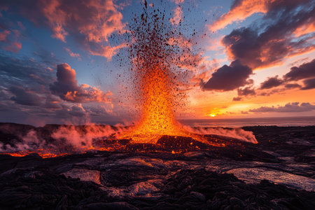 Active volcano violently erupts under sunset skies, spewing lava and ash into the air, creating a dramatic and fiery landscape.の素材