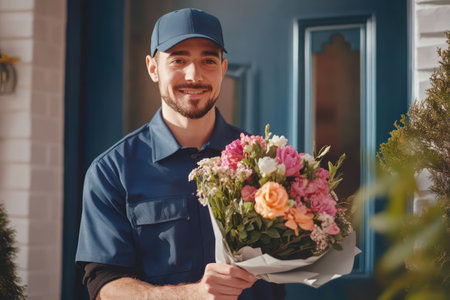Delivery person in uniform presents fresh bouquet at doorstep, symbolizing gift delivery via smartphone app services.の素材