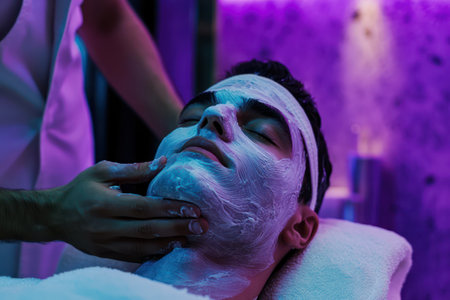 A man enjoys a peaceful skin care massage session, highlighting wellness, relaxation, and self-care in a spa environment.の素材