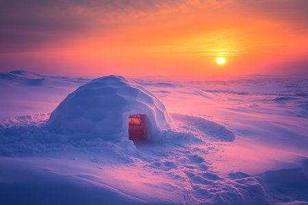 An igloo stands alone under a glowing sky, surrounded by snow as the setting sun creates a magical winter ambiance.の素材