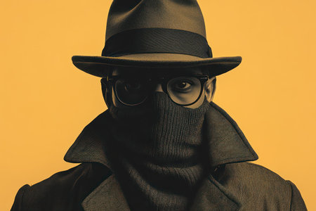 Mysterious concept of an invisible man wearing only visible clothes like a hat, glasses, and trench coat in a surreal setting.の素材