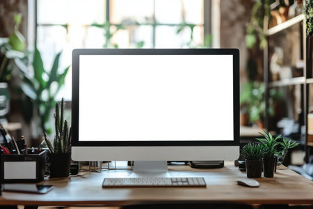 computers with white mockup screen in a classroom setting.の素材
