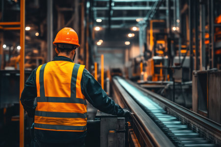 Worker wearing high-visibility vest and hard hat supervises a moving conveyor belt in a modern warehouse setting.の素材