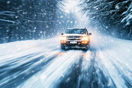 Blurry motion of a vehicle navigating a winter road with snowfall, capturing speed, weather and travel challenges.の素材