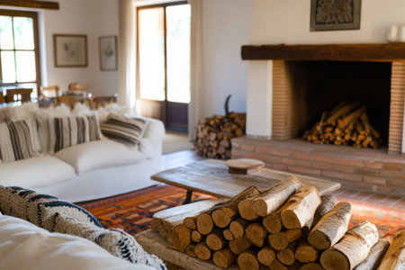 Inviting living room with burning fireplace, wooden flooring and stack of firewood. Perfect for autumn and winter warmth.の素材