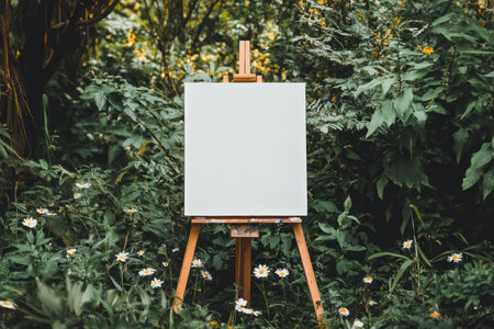 Empty white canvas placed on wooden easel in a meadow with flowers and greenery, inviting creativity and artistic inspiration.の素材