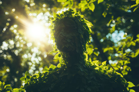 Nature-themed figure made of green leaves stands in forest bathed in sunlight, symbolizing harmony, ecology, and sustainability.の素材