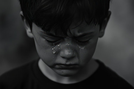 Emotional close-up in monochrome of a small boy crying, showcasing vulnerability, childhood sadness, and raw human expression.の素材