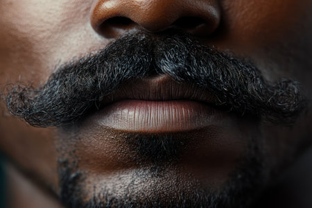 Close-up of a neatly groomed mustache isolated on a solid background, symbolizing grooming, male identity, and style.の素材