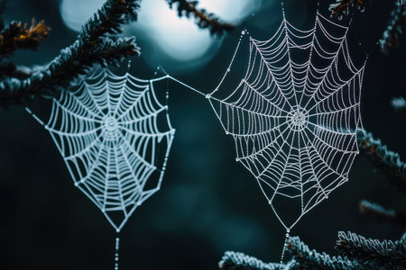 White spiderwebs stretch across a dark background, perfect for Halloween, spooky visuals, or creepy digital overlays.の素材