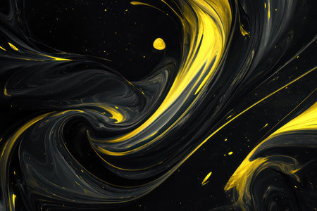 Vibrant yellow and black swirls create an abstract composition on a dark background, evoking energy and creative flow.の素材