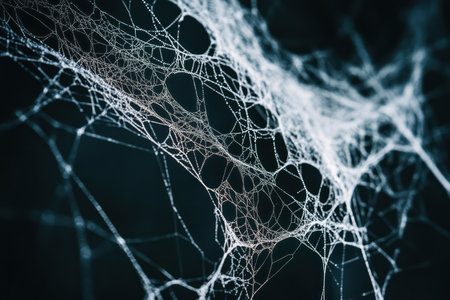 White spiderwebs stretch across a dark background, perfect for Halloween, spooky visuals, or creepy digital overlays.の素材