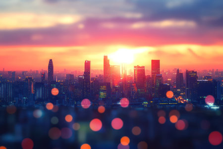 Modern city skyline with digital network data connection lines overlayed, symbolizing technology, communication, and smart cities.の素材