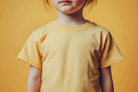 Child wearing a blank solid color T-shirt, ideal for clothing mockups, branding, promotions, and fashion presentations.の素材