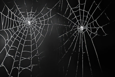 White spiderwebs stretch across a dark background, perfect for Halloween, spooky visuals, or creepy digital overlays.の素材