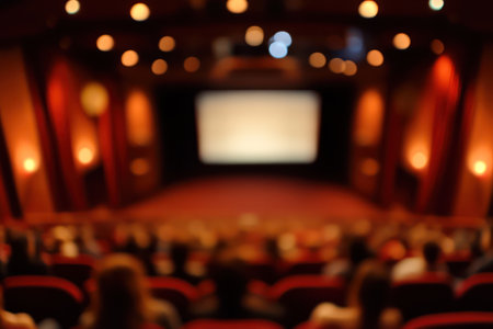 Blurred cinema hall, popcorn on focus, copy space.の素材