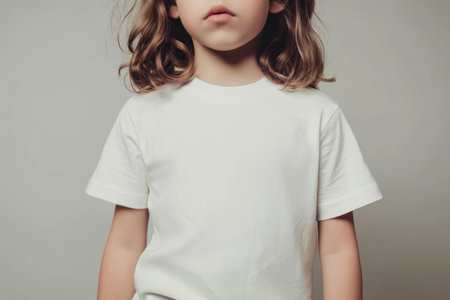 Child wearing a blank solid color T-shirt, ideal for clothing mockups, branding, promotions, and fashion presentations.の素材