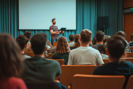 Engaged students watch educational content presented by instructor via projector, symbolizing learning, education, and modern teaching.の素材