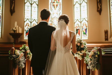 Elegant back view of couple at church wedding, surrounded by floral decorations and stained-glass windows, symbolizing love and union.の素材