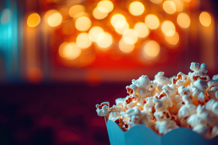 Cinema hall blurred into soft focus behind a sharp popcorn bucket, evoking leisure, entertainment, and movie time experiences.の素材