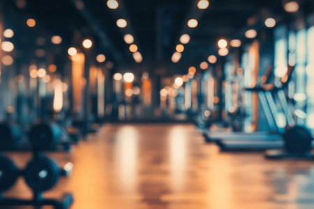 Out-of-focus fitness gym interior filled with modern workout machines and equipment, symbolizing health, training, and active lifestyle.の素材