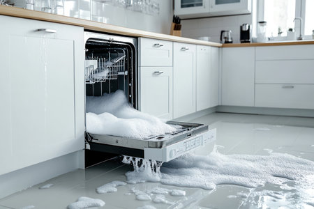 Malfunctioning dishwasher overflows with foam and water in a sleek kitchen, symbolizing appliance failure, chaos, and domestic emergency.の素材