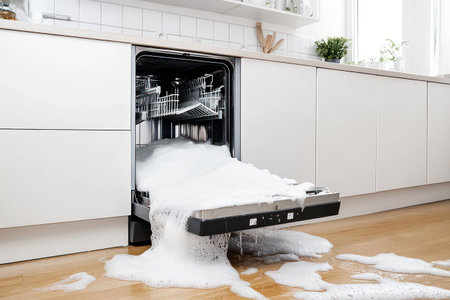 Malfunctioning dishwasher overflows with foam and water in a sleek kitchen, symbolizing appliance failure, chaos, and domestic emergency.の素材