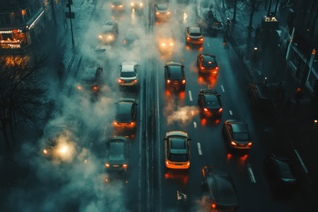 Heavy traffic causes vehicles to emit pollution into the urban air, emphasizing environmental impact and urban transport issues.の素材