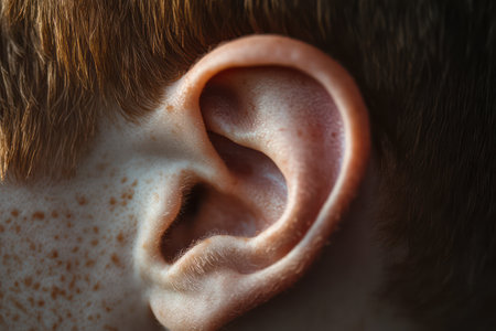 Detailed view of a man's ear showing skin pores and realistic anatomy under gentle lighting, suitable for health or audio-related visuals.の素材