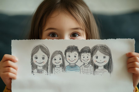 Cute child sitting on sofa holding artwork of family, peeking playfully indoor scene filled with joy, imagination, and innocence.の素材
